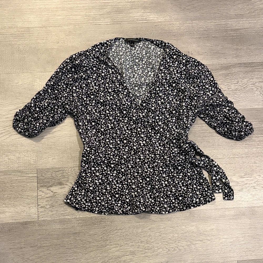 Banana Republic Black and White Floral Wrap Blouse
